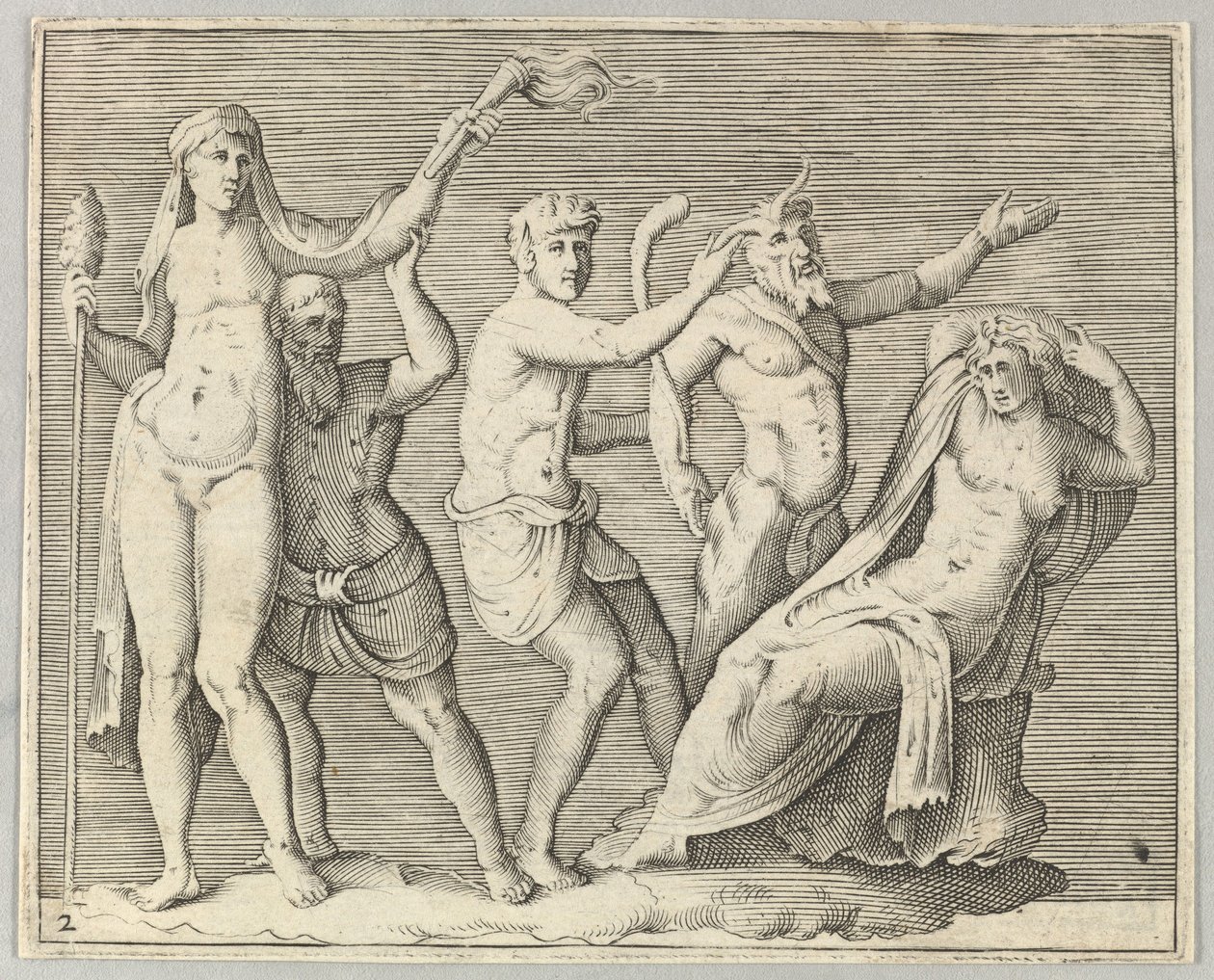 Duas Figuras, um Fauno e um Sátiro se aproximam de uma Mulher Reclinada, publicado ca. 1599-1622. de Unbekannt