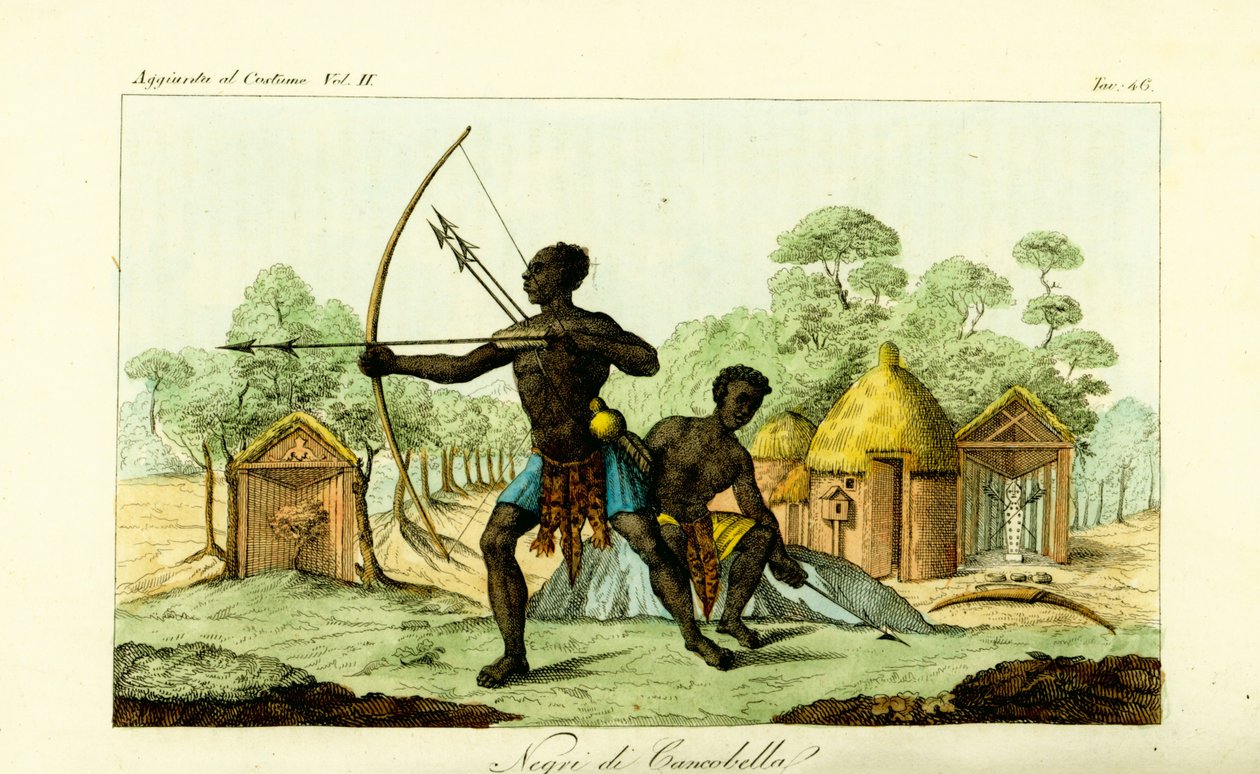 Dois homens de Luanda de Cancobella, Angola, com arcos e flechas, em frente de habitações, cabanas, altares sagrados fetiches, etc. de Unbekannt