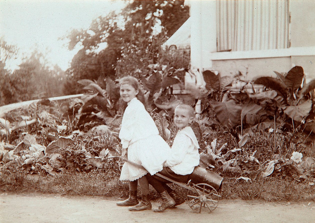 Duas crianças brincando ao ar livre, década de 1890 de Unbekannt