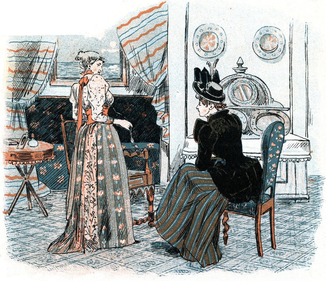 Duas senhoras delicadas conversando em uma sala delicada de Unbekannt