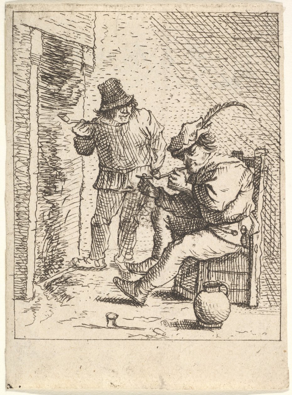 Dois camponeses segurando cachimbos diante de uma lareira, um sentado com o cachimbo preso ..., depois de 1625-90. de Unbekannt
