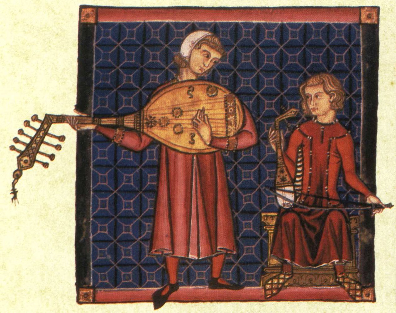 Dois menestréis. Ilustração do códice das Cantigas de Santa Maria, c. 1280 de Unbekannt