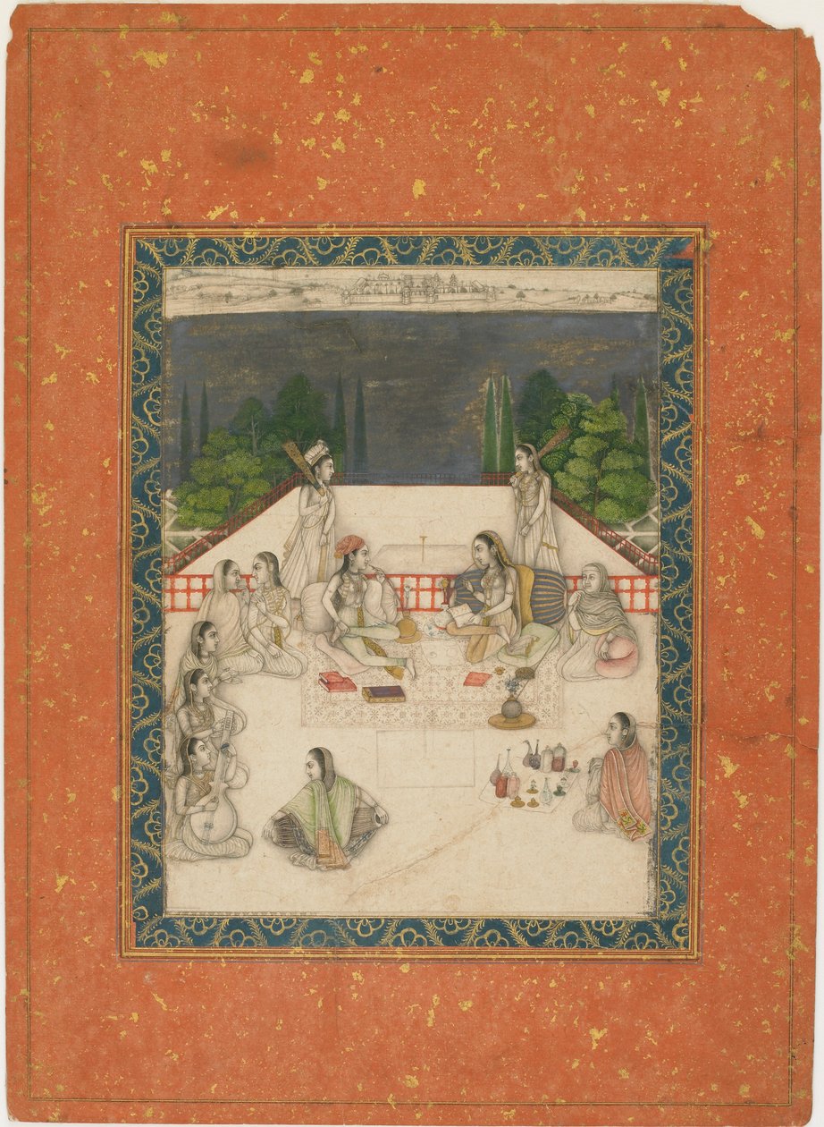 Duas mulheres sentadas em um terraço, cercadas por atendentes e músicos, ca. 1650. de Unbekannt