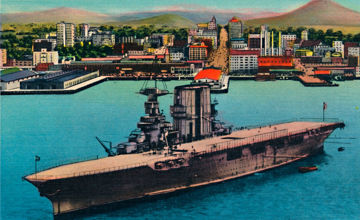 Porta-aviões da Marinha dos EUA na âncora no pé da Broadway. San Diego, Califórnia, c1941 de Unbekannt