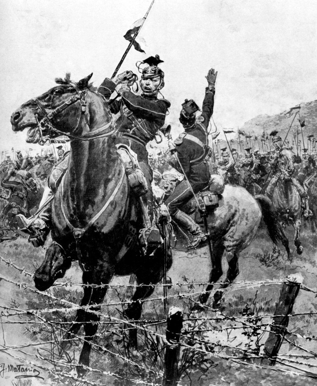 Uhlans verificados por arame farpado perto de Liège, Bélgica, Primeira Guerra Mundial, 1914 de Unbekannt