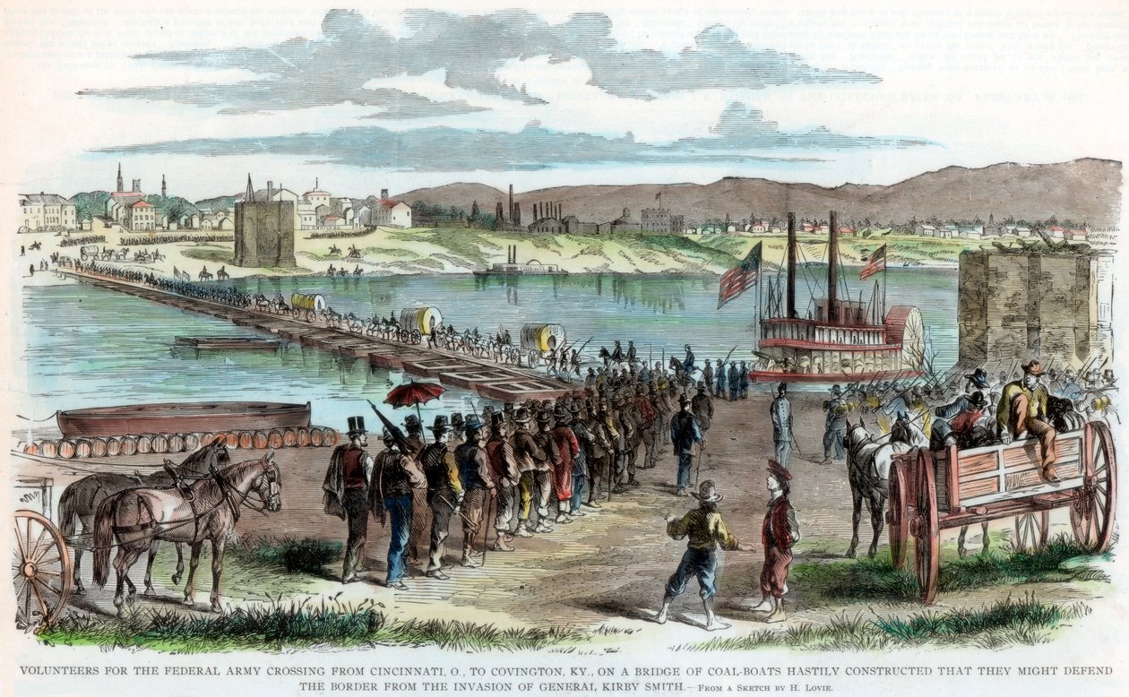 Voluntários da união que cruzam o rio Ohio, Cincinnati, Ohio, guerra civil americana, c1862 de Unbekannt
