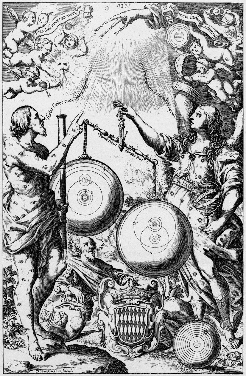 Urania, a Musa da Astronomia, pesando e comparando sistemas do universo, 1651 de Unbekannt