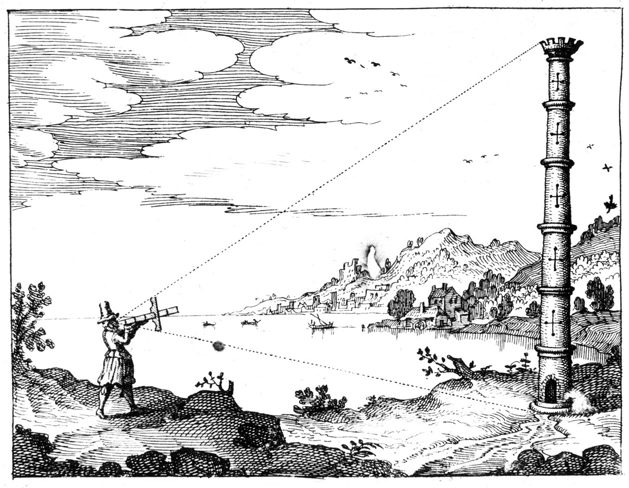 Usando uma equipe cruzada para medir a altura de uma torre, 1617-1619 de Unbekannt