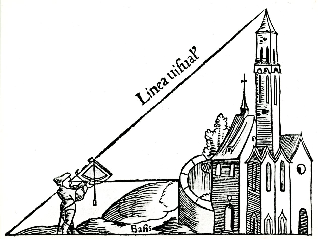 Usando um quadrante com um prumo para calcular a altura de uma torre por triangulação, 1551 de Unbekannt