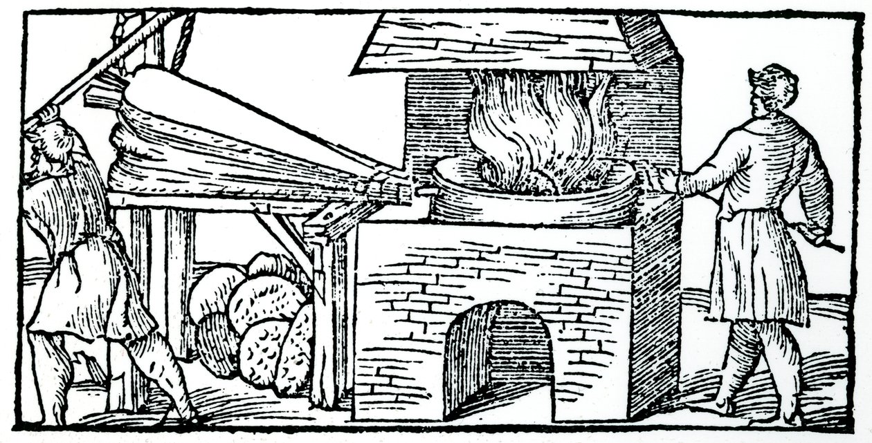 Usando foles para aumentar o calado em um forno, 1540 de Unbekannt
