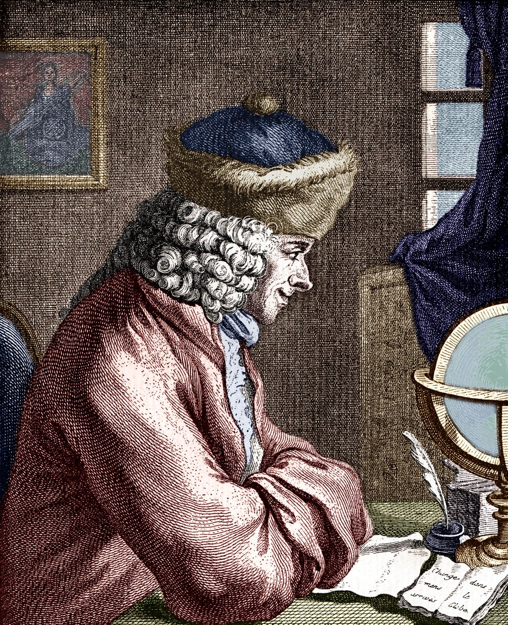 VOLTAIRE, François-Marie Arouet - retrato de Voltaire trabalhando. Escritor francês, filósofo, dramaturgo, poeta 1694-1778. Gravura do século XVIII. Caneta Quill de Unbekannt