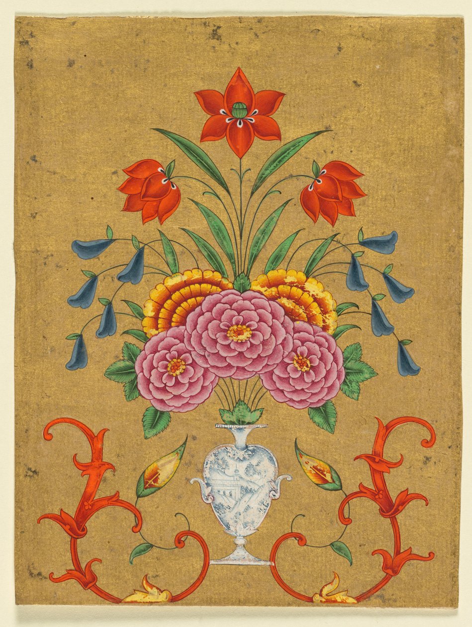 Vaso com arranjo de flores e pergaminho, c. 1750-1800. de Unbekannt