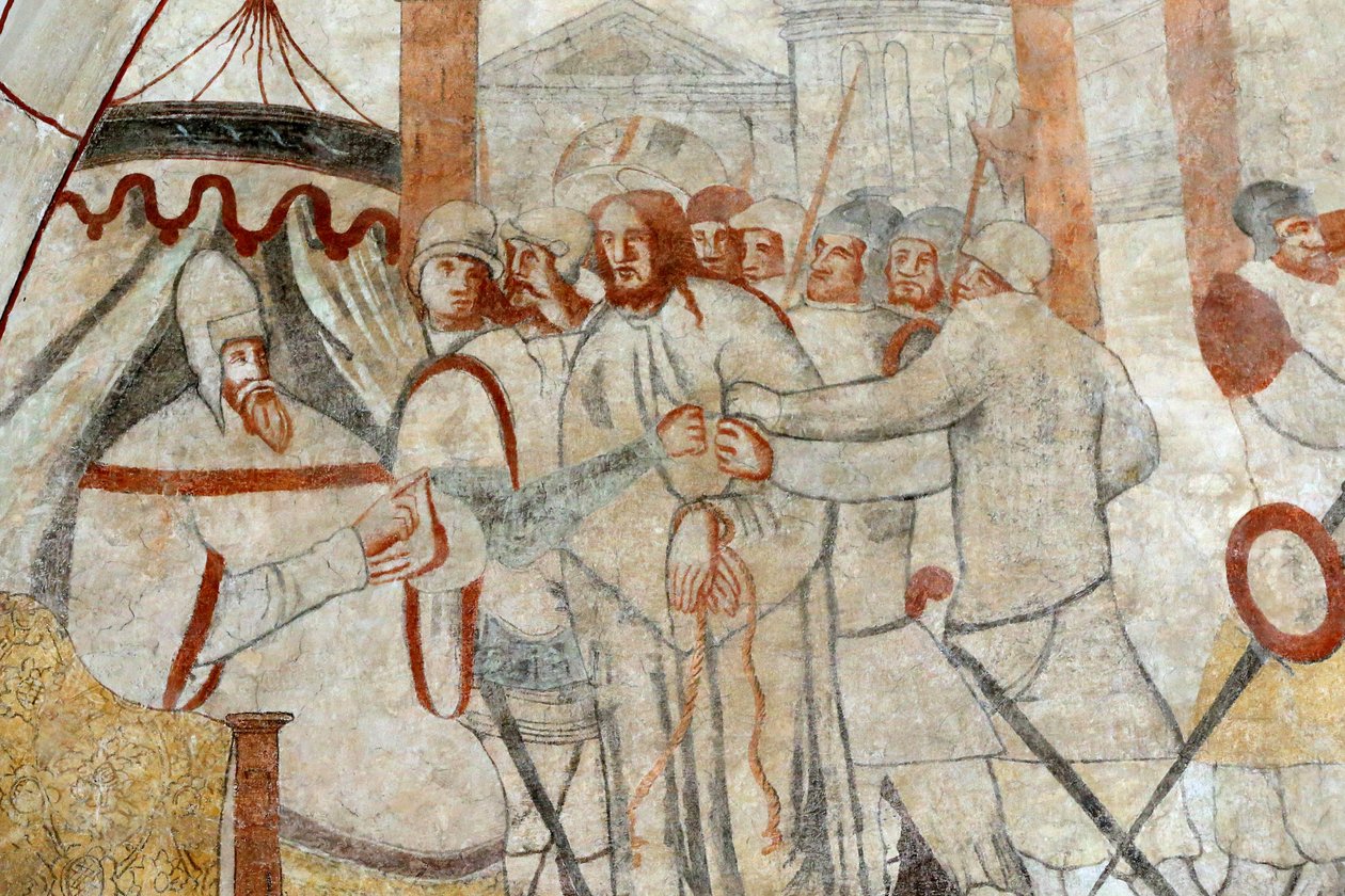 A igreja Vault de Lugny. Pintura mural do século XVI. Cristo na sua paixão. Cristo perante Pilatos. FranÃ§a Â de Unbekannt