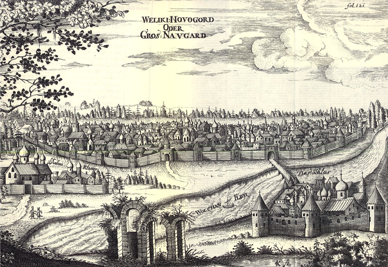 Ilustração de Velikiy Novgorod de Travels to the Great Duke of Muscovy and the King of Persia por Adam Olearius, 1656 de Unbekannt