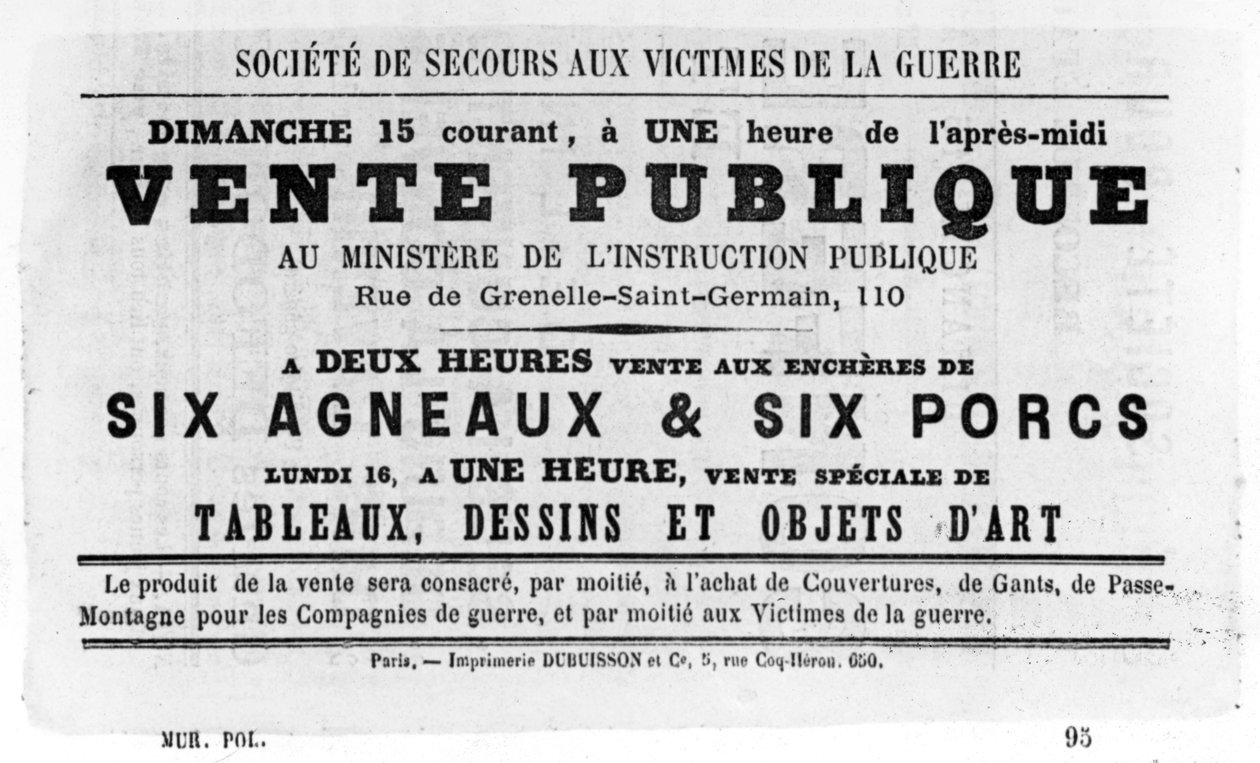 Vente Publique, dos cartazes políticos franceses da Comuna de Paris, maio de 1871 de Unbekannt