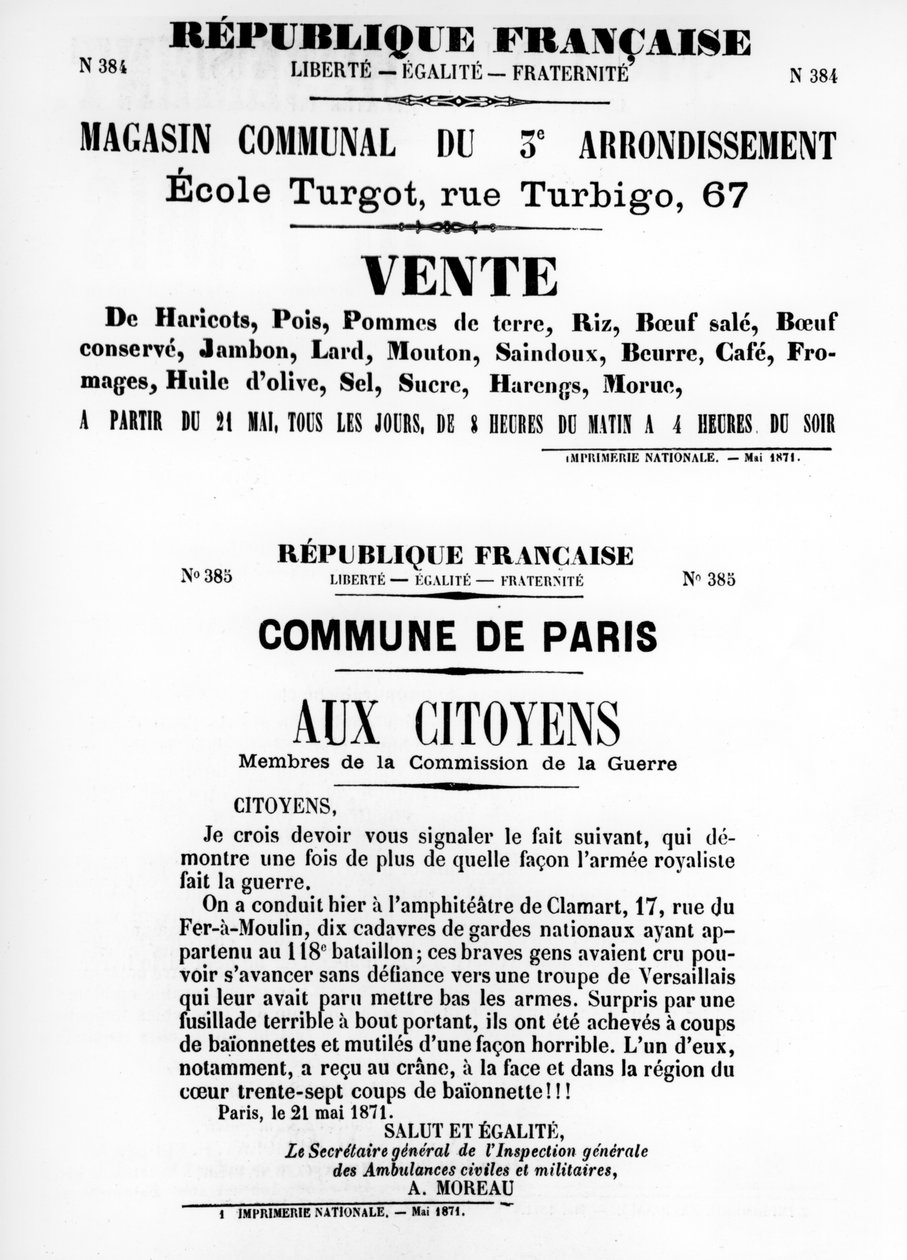 Vente, dos cartazes políticos franceses da Comuna de Paris, maio de 1871 de Unbekannt