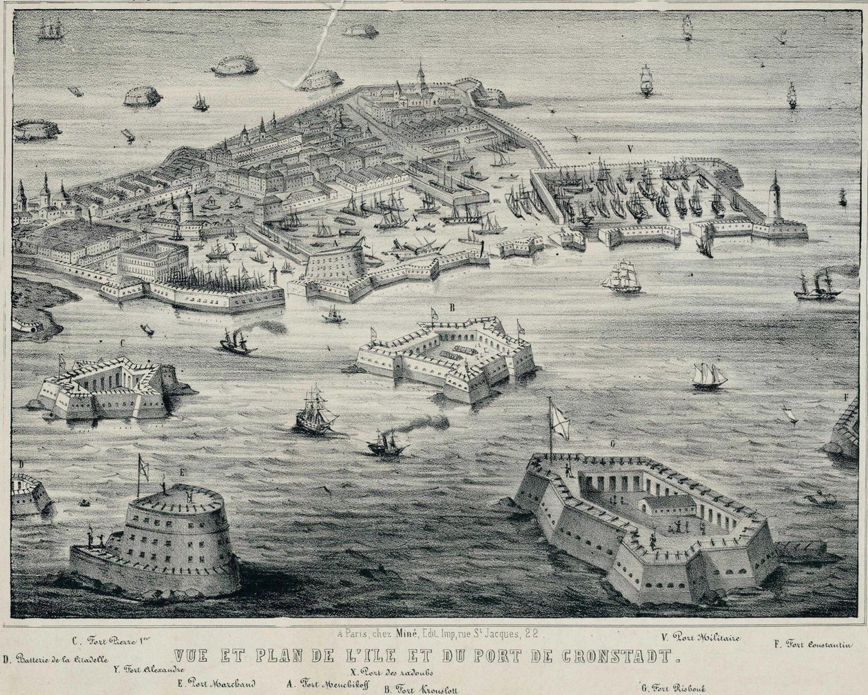 Vista e plano da ilha e do porto de Kronstadt, c. 1850 de Unbekannt