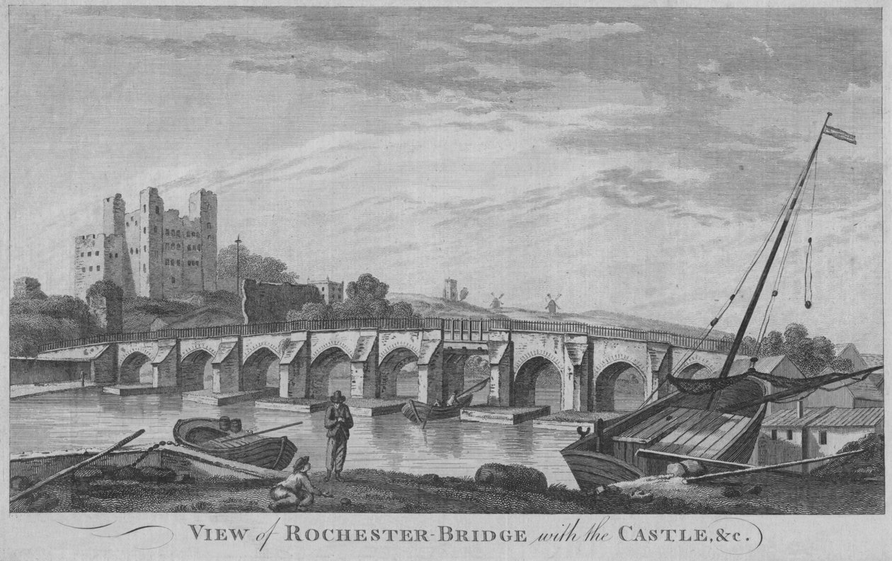 Vista da ponte de Rochester com o castelo, & c, 1779. de Unbekannt