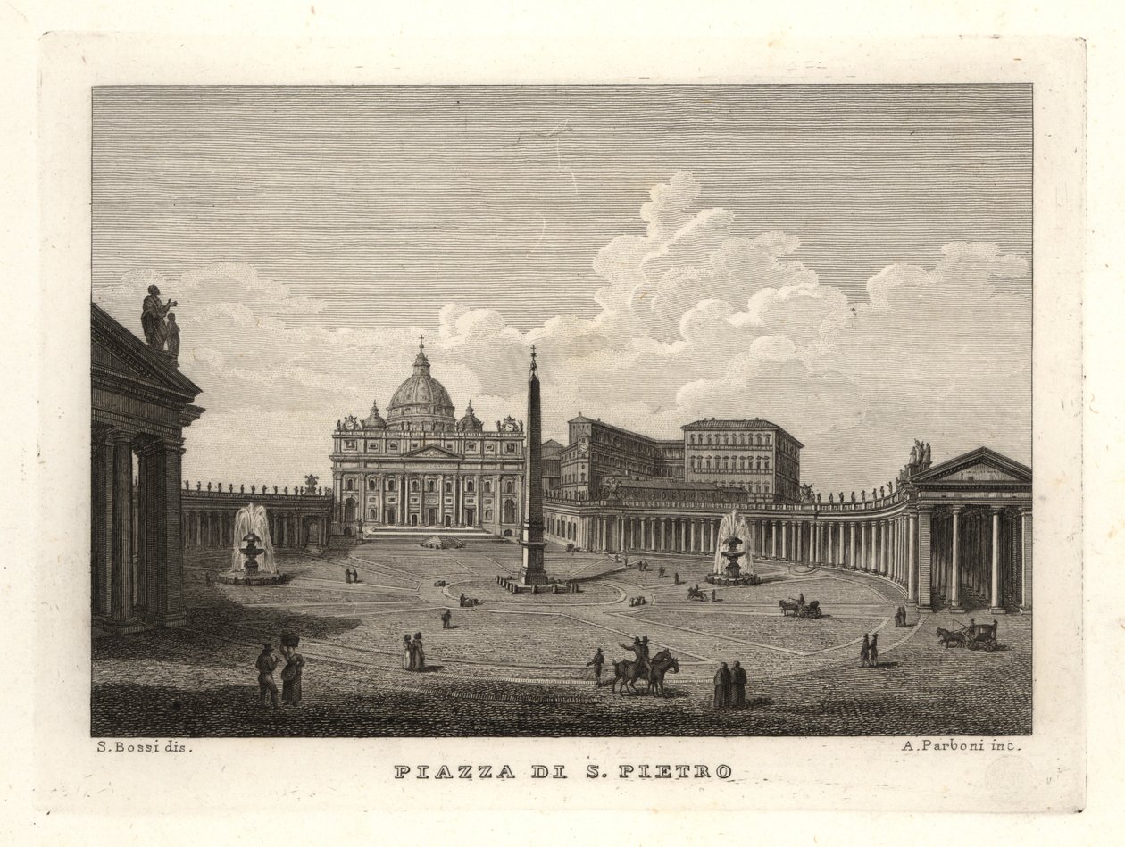 Vista da Praça de São Pedro, Piazza di S. Pietro, com a Basílica de São Pedro e o antigo obelisco egípcio. de Unbekannt