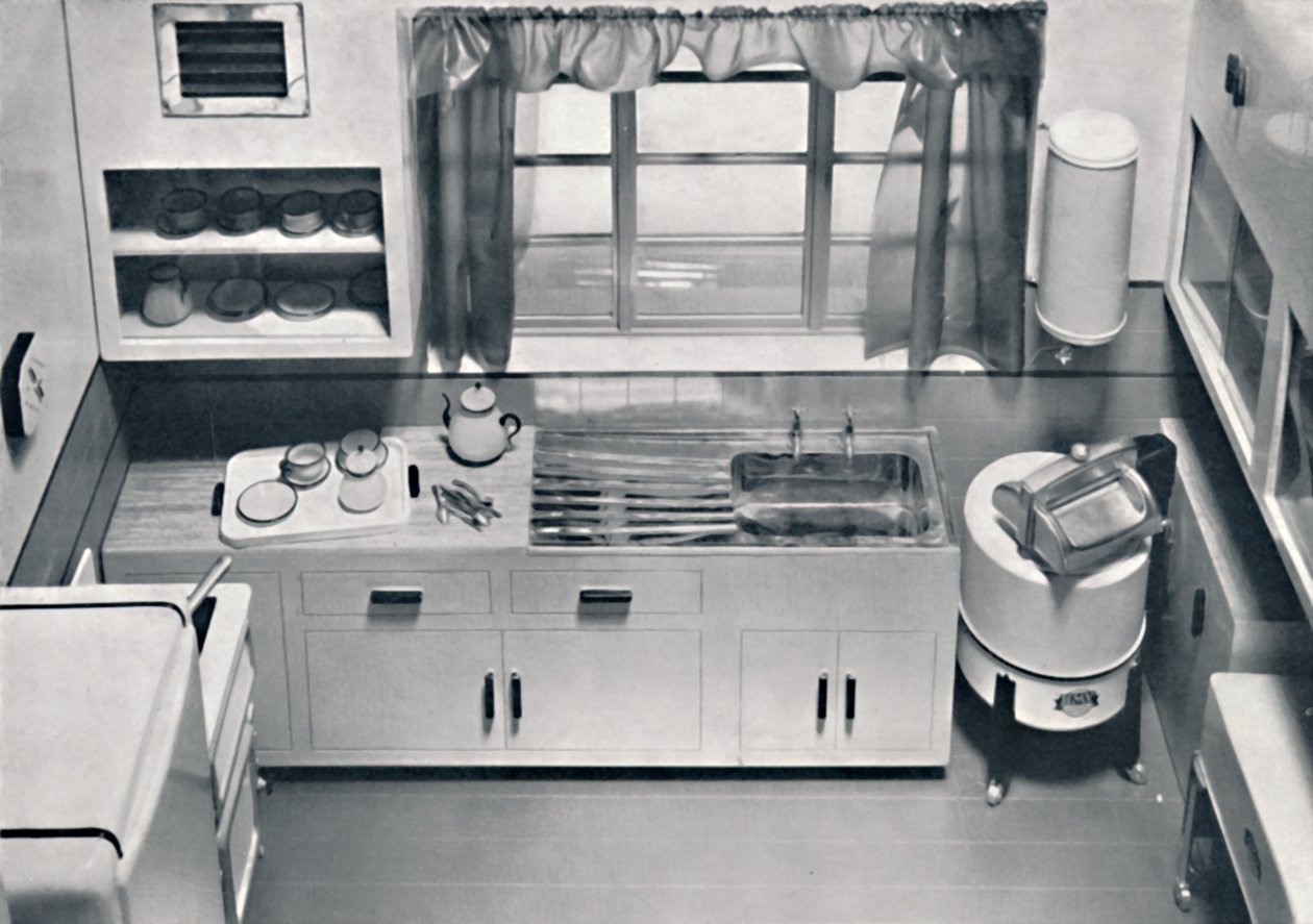 Vista de uma cozinha, projetada por HMV Household Appliances, 1938 de Unbekannt