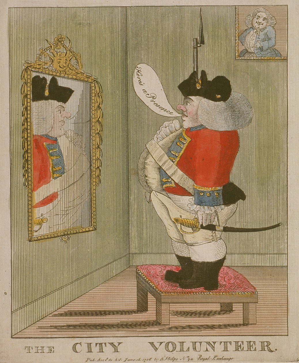 Vista de um voluntário corpulento da cidade se admirando no espelho, 1785 de Unbekannt