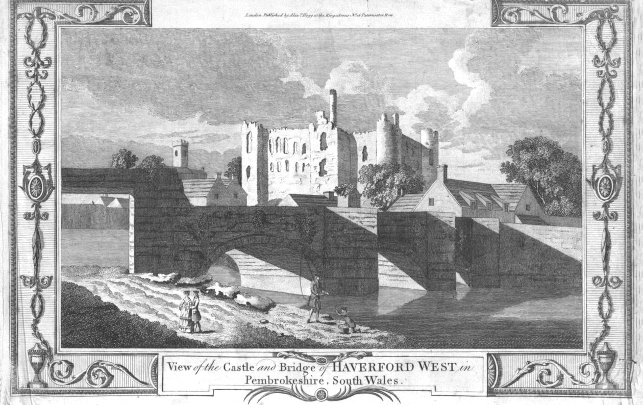 Vista do castelo e da ponte de Haverford West em Pembrokeshire., Final do século XVIII de Unbekannt