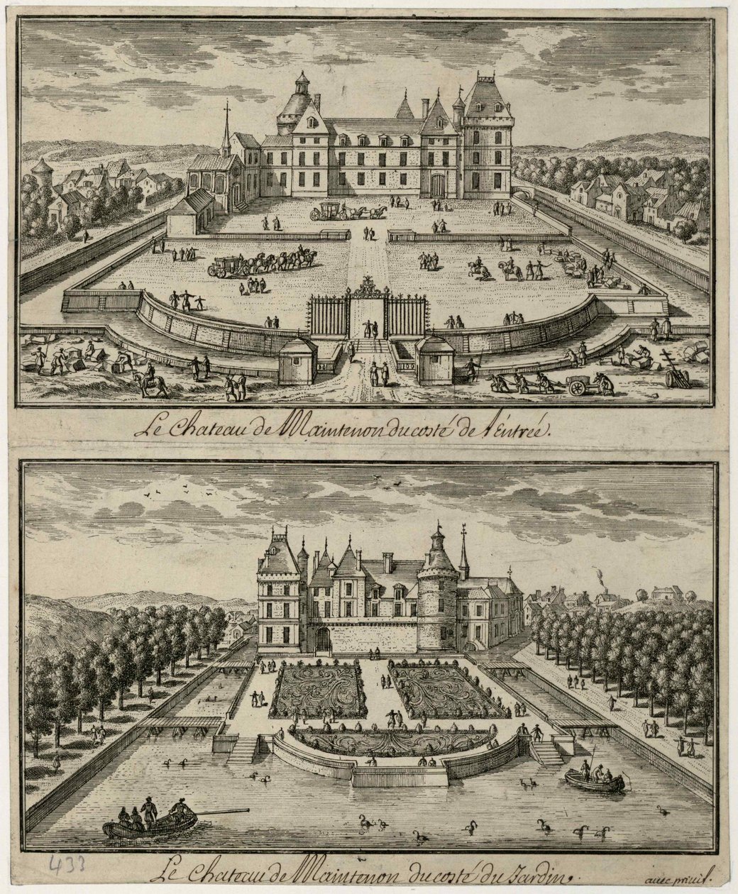 Vista do Château de Maintenon a partir da entrada e do jardim, século XVII. de Unbekannt
