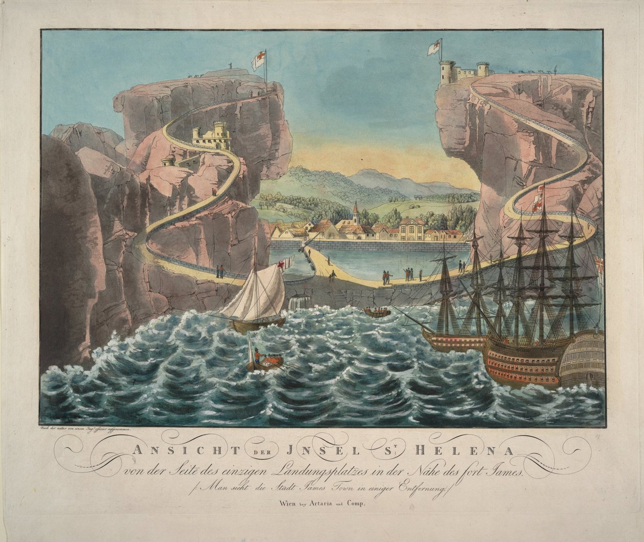 Vista da ilha de Santa Helena do lado do local de desembarque perto do Fort James, 1815 de Unbekannt
