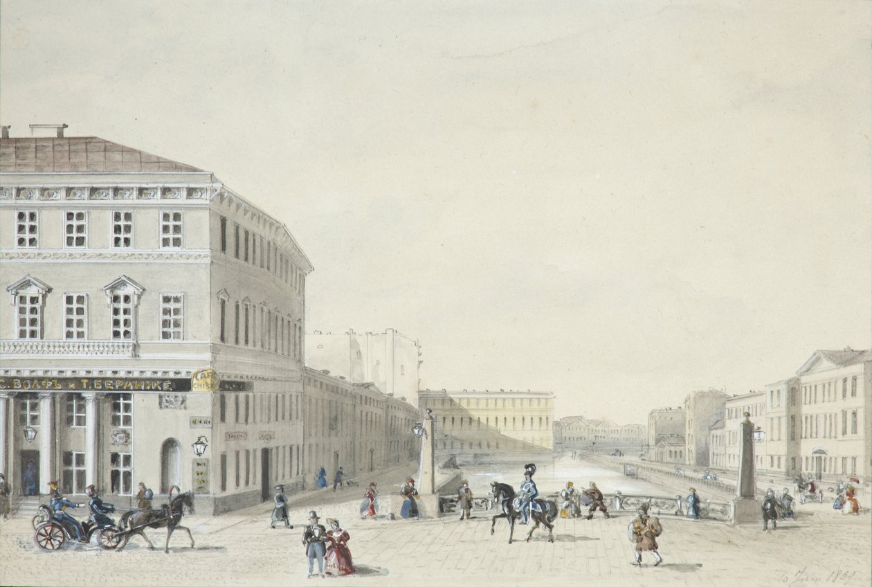 Vista do aterro Moika da ponte da polícia, 1839 de Unbekannt