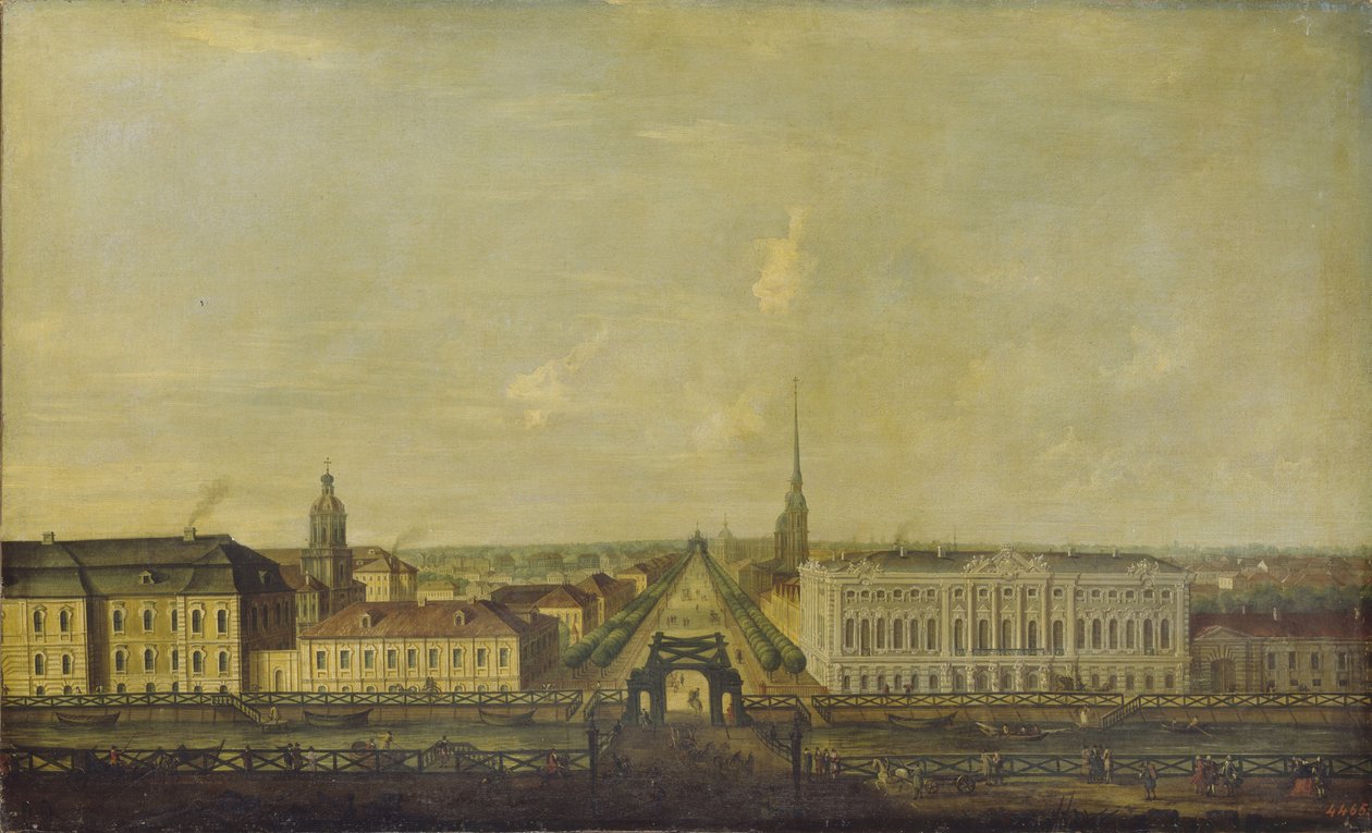 Vista do Nevsky Prospekt da ponte da polícia com o Palácio Stroganov, segunda metade do século XVIII. de Unbekannt