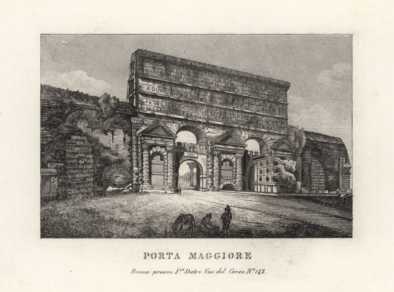 Vista do portão da Porta Maggiore com aquedutos, Portão Maior ou Porta Prenestina, na Muralha Aureliana, Roma de Unbekannt
