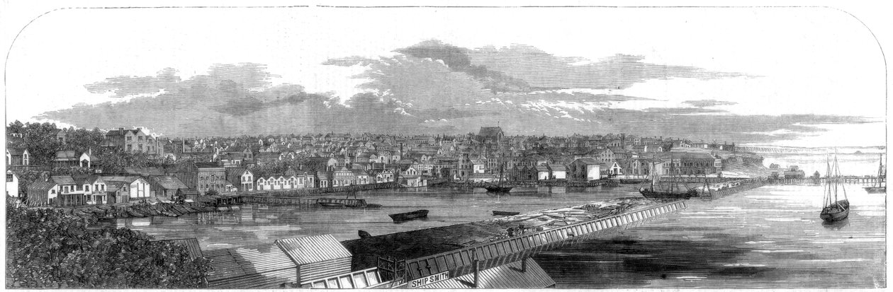Vista da cidade de Auckland, Nova Zelândia, com o novo aterro comercial, 1860 de Unbekannt