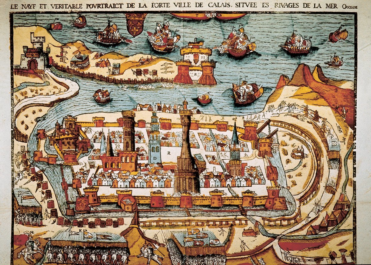 Vista da cidade de Calais em 1538. Xilogravura. de Unbekannt