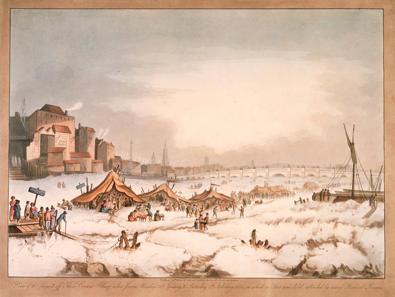 Vista do rio Tâmisa congelado em Three Cranes Wharf, Londres, 1814 de Unbekannt