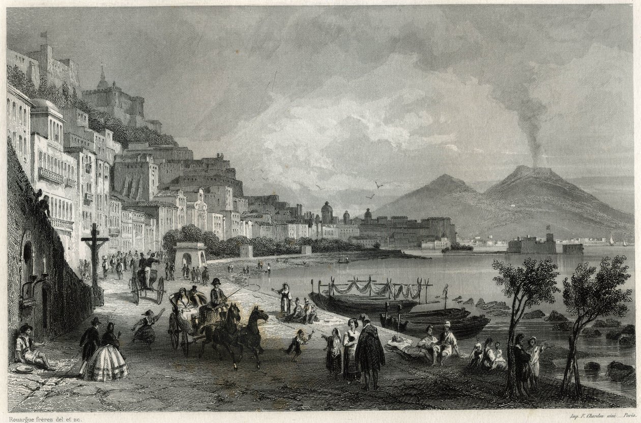 Vista do porto e da cidade de Nápoles no século XIX, no livro sobre o Mediterrâneo de Louis Enault (1824-1900), jornalista e viajante francês. de Unbekannt