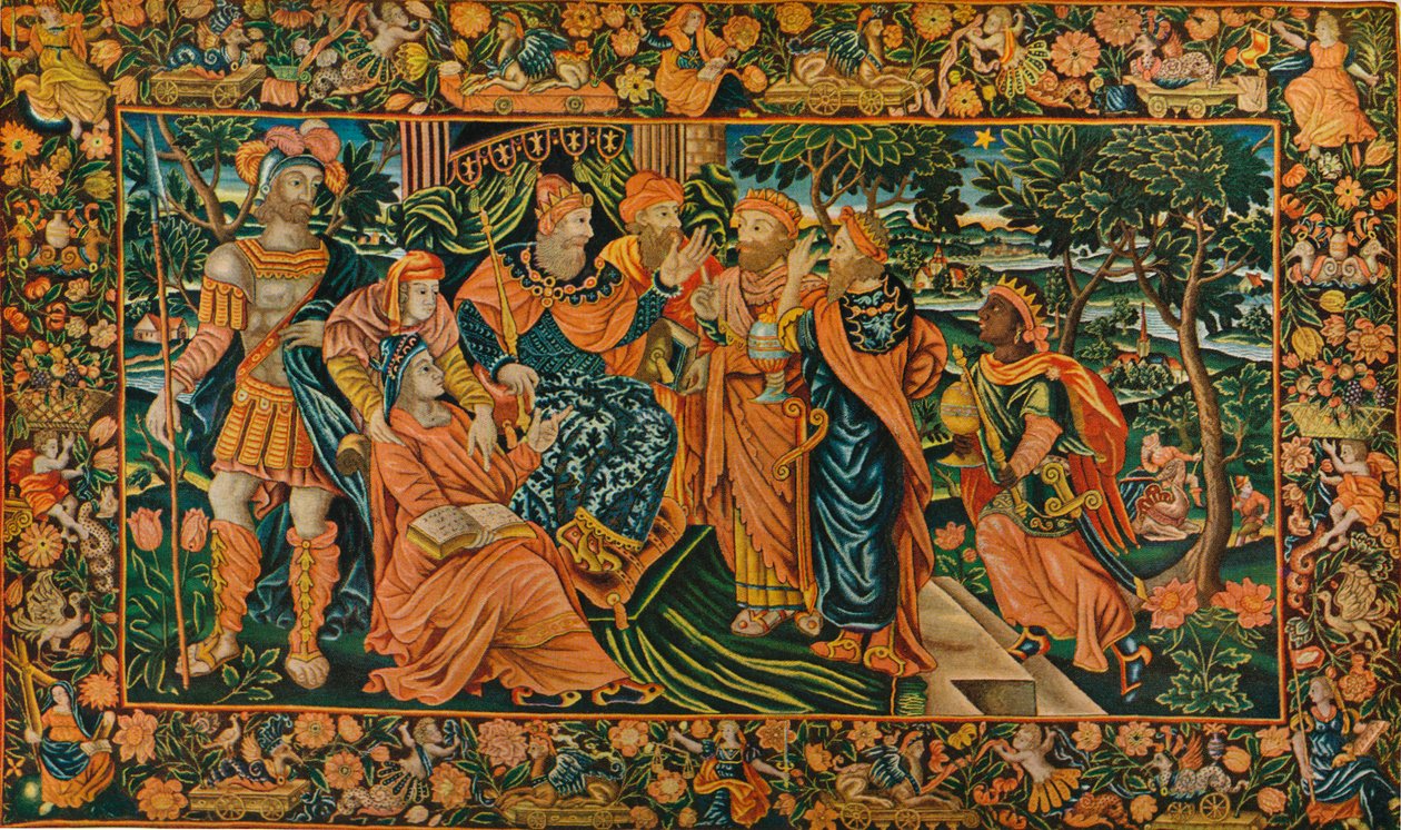 Visita dos Reis Magos a Herodes: Painel Petit-Point Isabelino, século XVI de Unbekannt