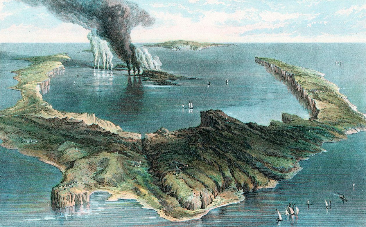 Vulcão na ilha de Thera Santorini em erupção, 1866 de Unbekannt