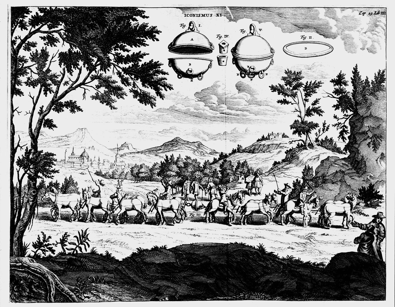Demonstração de Von Guerickes da força da pressão do ar, 1672 de Unbekannt