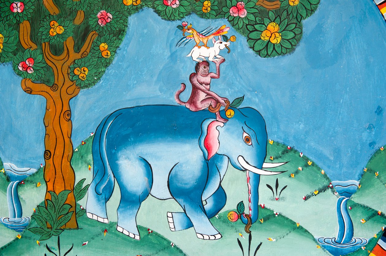Parede que representa a lenda dos quatro amigos; elefante; macaco; coelho e galo; Kharbadi Gompa; Phuentsholing; Reino do Butão de Unbekannt