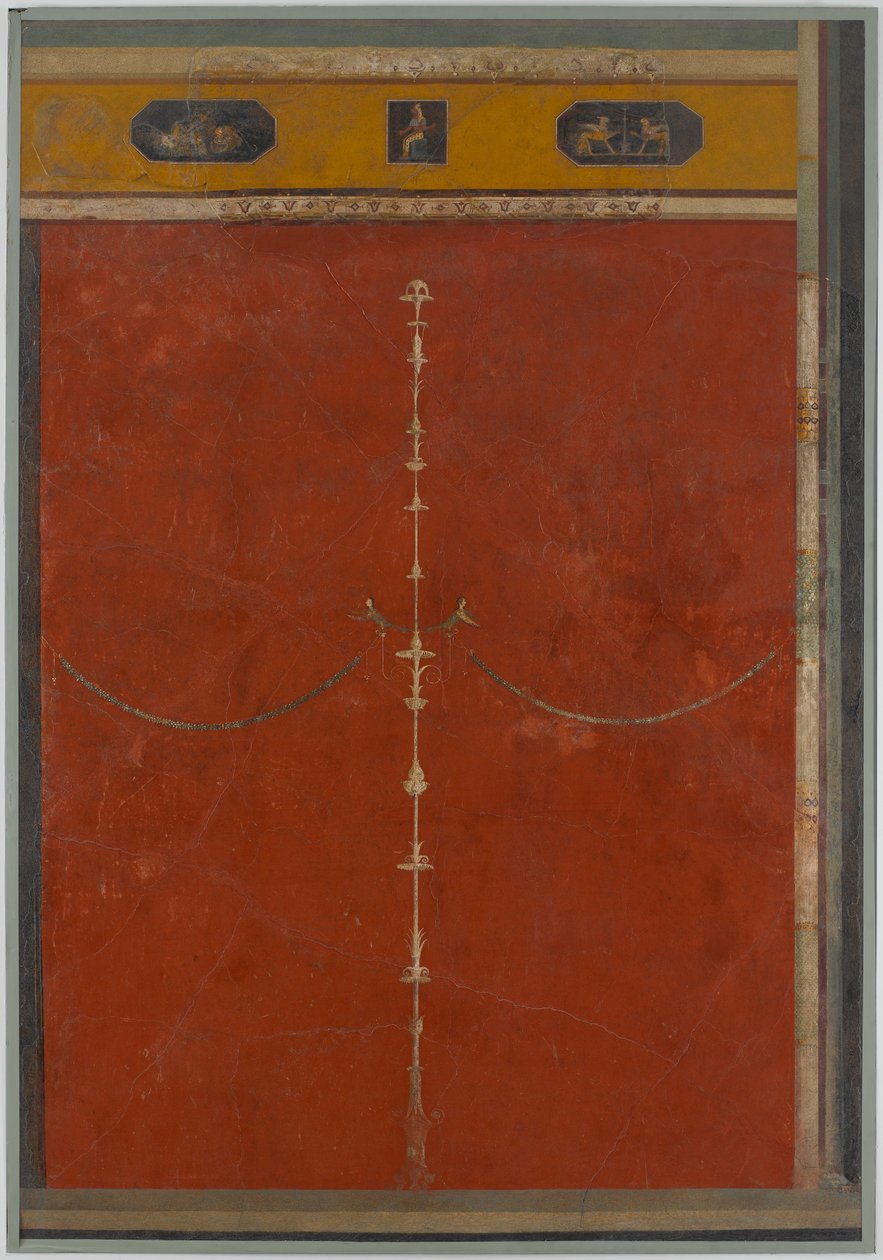 Pintura mural sobre fundo vermelho: candelabro com friso, da villa imperial..., século I a.C. de Unbekannt
