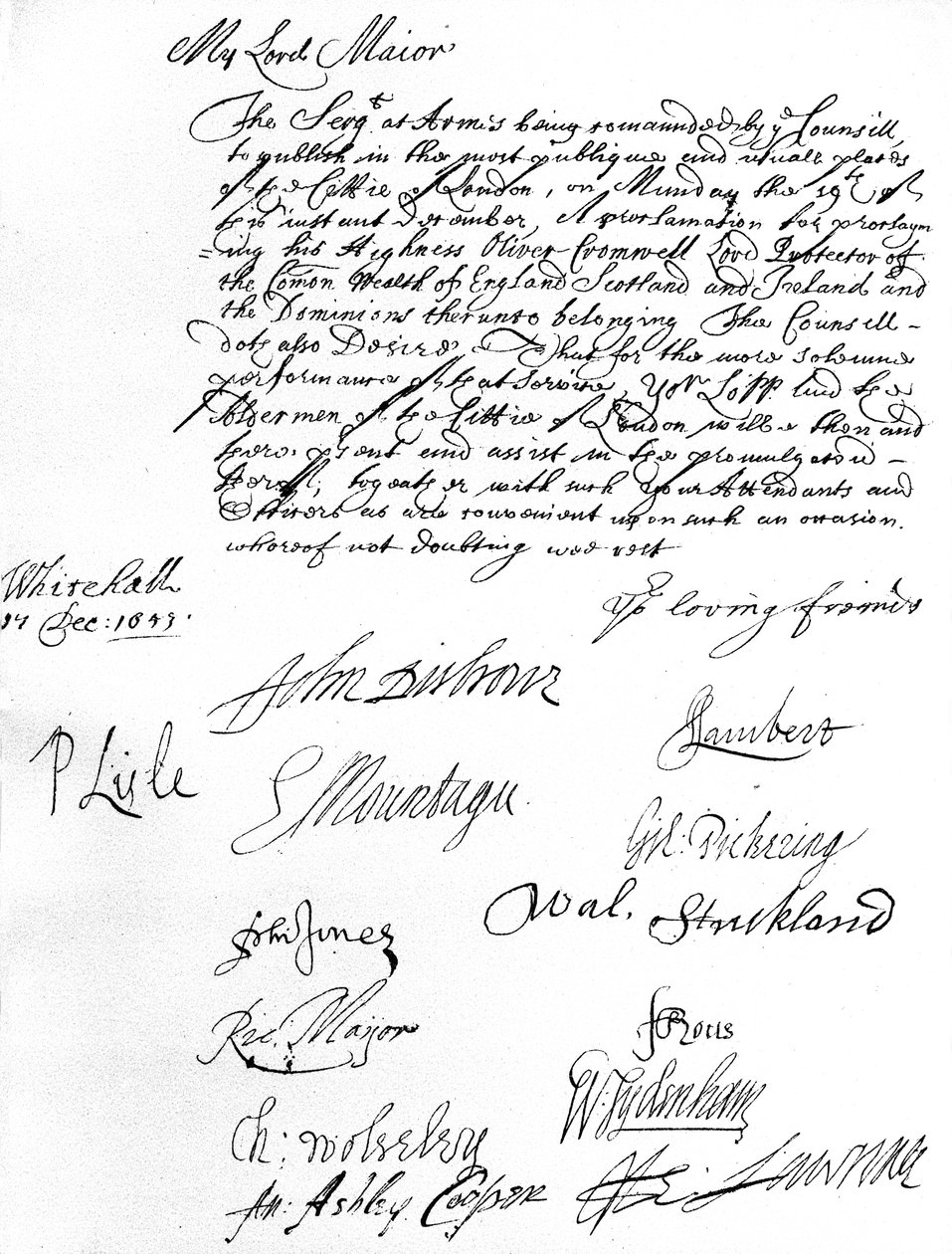 Mandado do Conselho de Estado para o Lord Mayor de Londres, desejando que ele e os Vereadores participem da proclamação de Oliver Cromwell como Lord Protector da Commonwealth de Inglaterra, Escócia, Irlanda e Domínios em 19 de Dezembro de Unbekannt