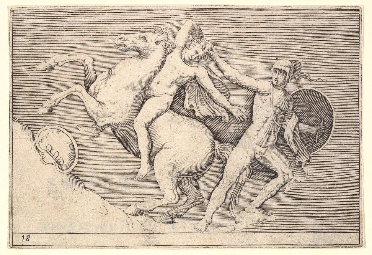 Guerreiro puxando um cavaleiro de seu cavalo, de Ex Antiquis Camorum et Ge ..., publicado ca. 1599-1622. de Unbekannt