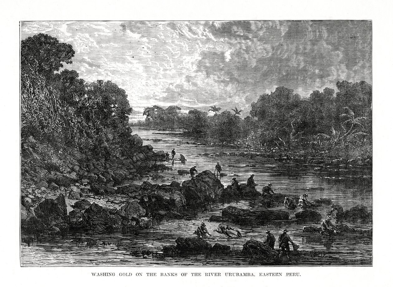 Lavando ouro nas margens do rio Urubamba, Peru, 1877 de Unbekannt
