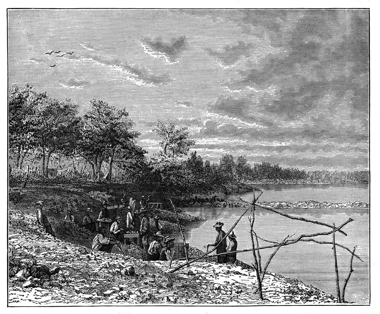 Lavagem de areia para diamantes nas margens do rio Vaal, África do Sul, c1890 de Unbekannt