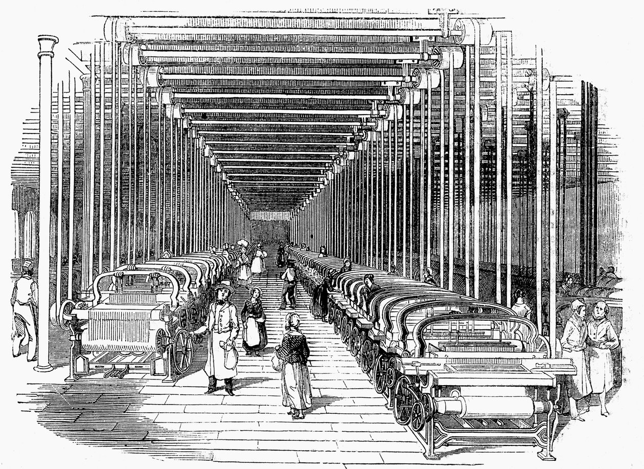 Galpão de tecelagem equipado com fileiras de teares acionados por correia e eixo, c1840 de Unbekannt