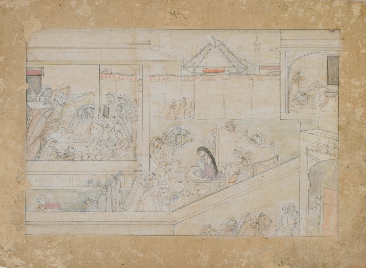 Preparativos para o casamento: fólio de uma série Nala-Damayanti, 1775-1800. de Unbekannt