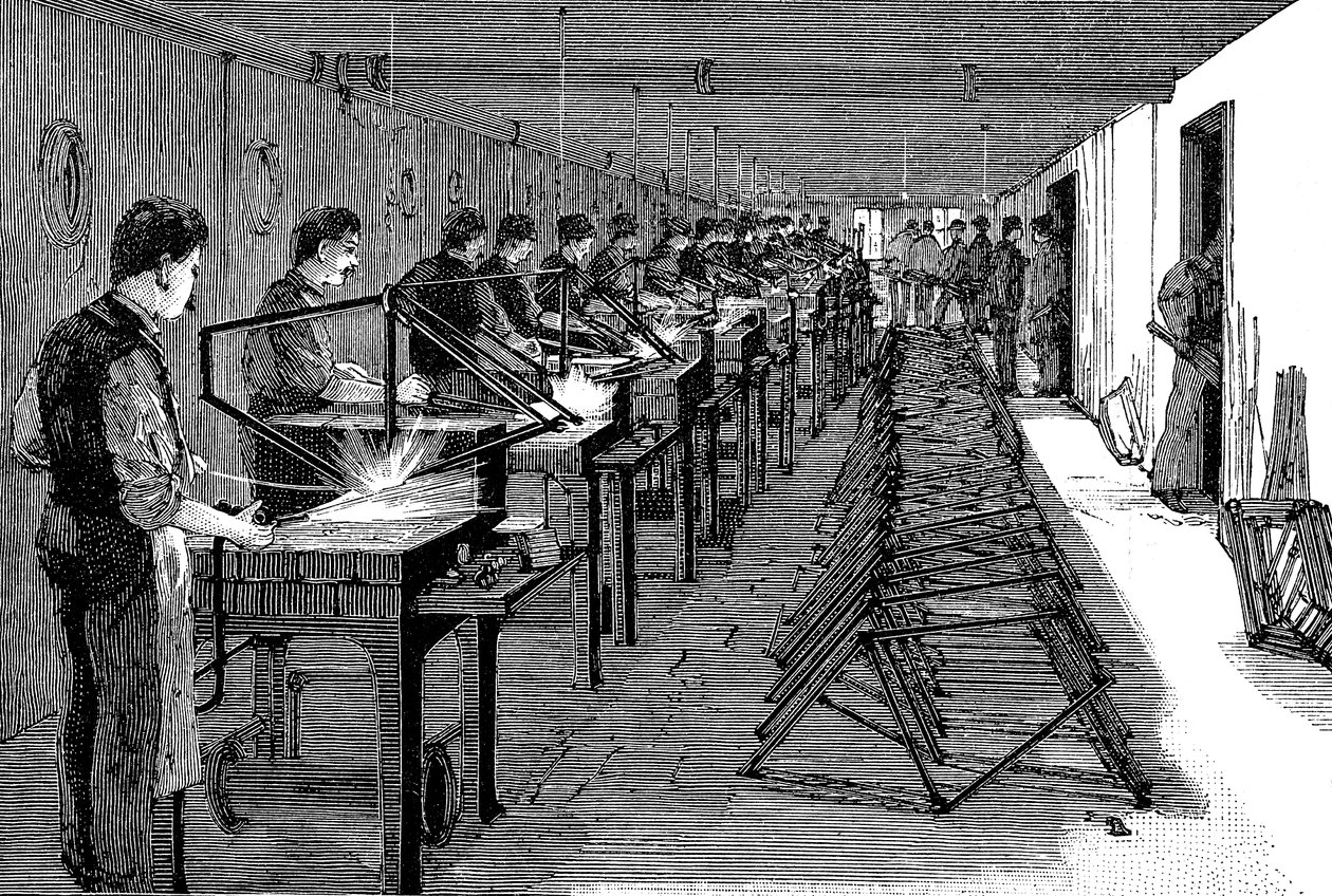 Soldagem de quadros de bicicleta em uma fábrica americana, 1900 de Unbekannt
