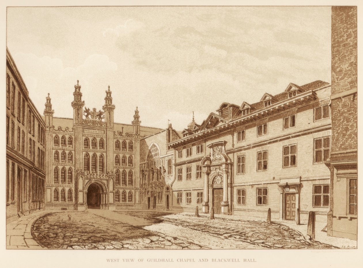 Vista oeste da Guildhall Chapel e Blackwell Hall, cidade de Londres, 1886 de Unbekannt