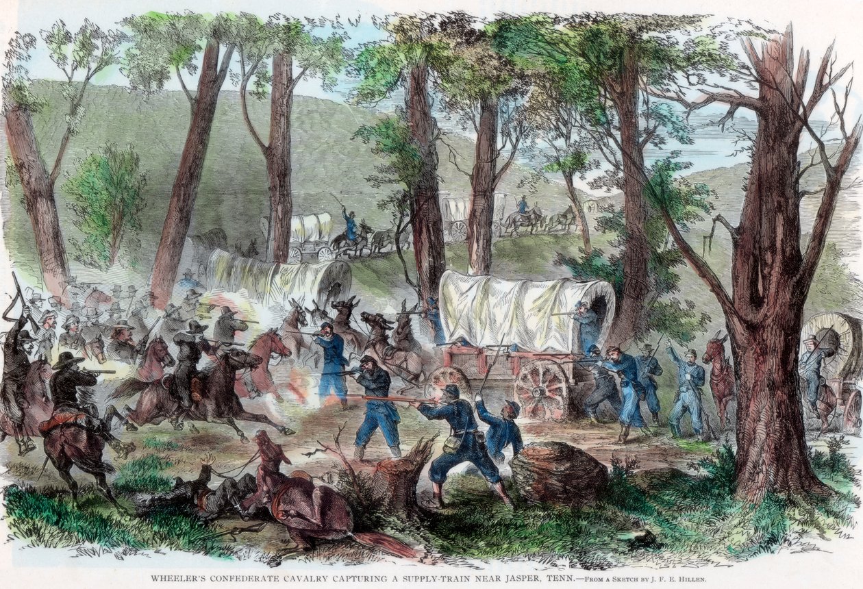 Wheelers Cavalaria confederada que captura um trem de suprimentos perto de Jasper, Tennessee, c1863 de Unbekannt