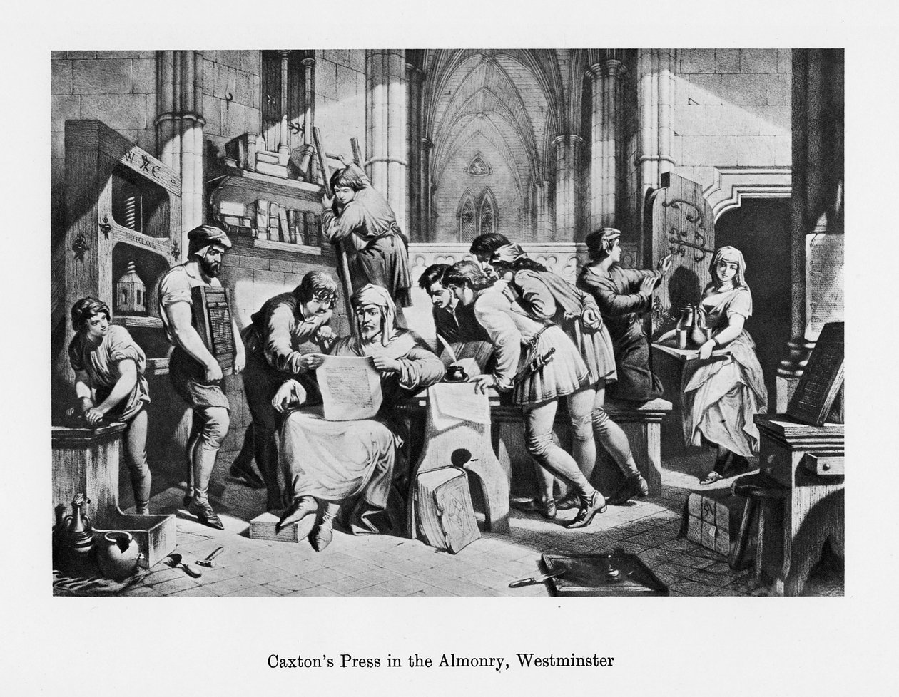 Imprensa de William Caxtons na Almonry, Westminster, século XV, século XIX de Unbekannt